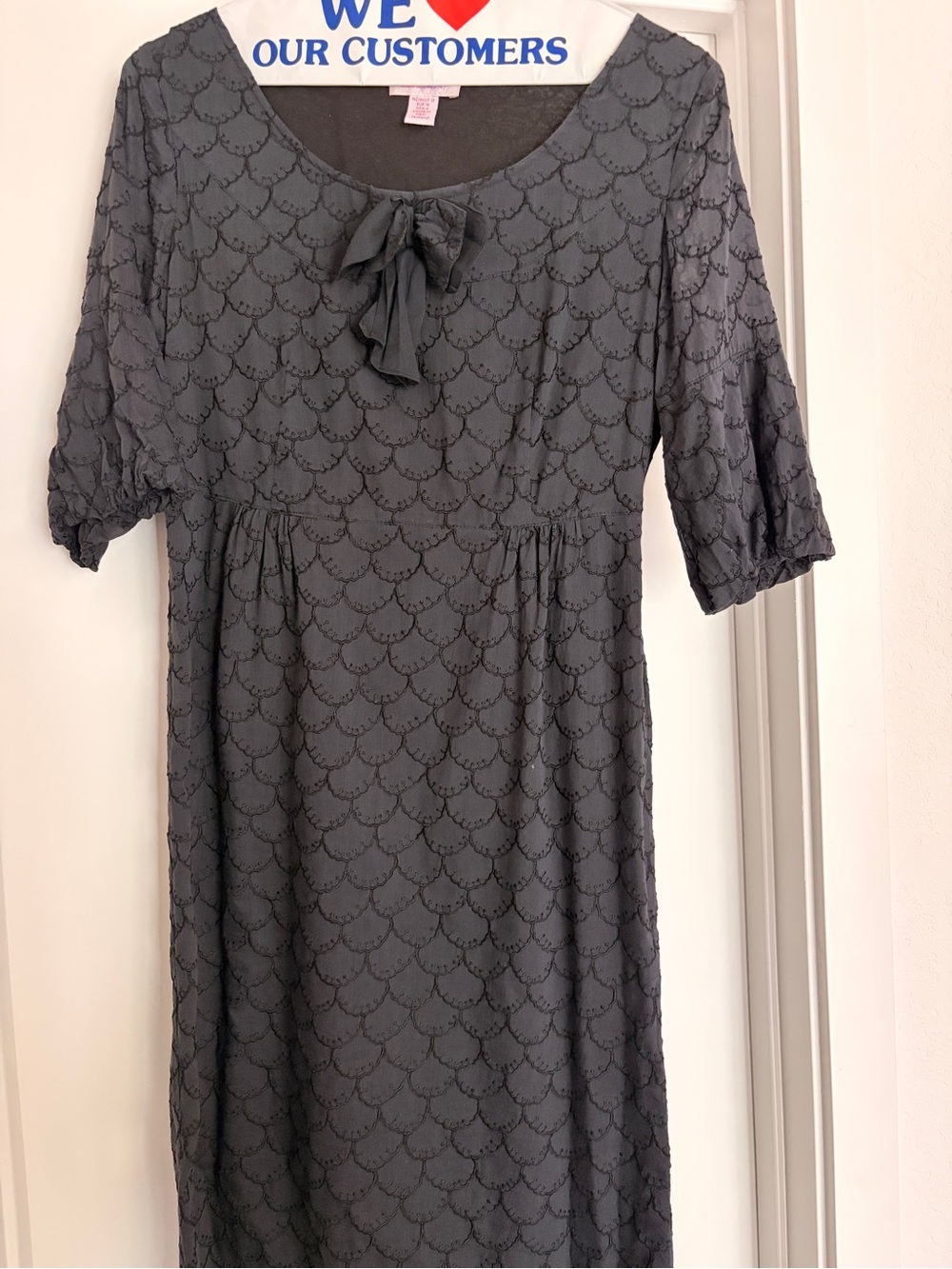 Vintage Deborah Sweeney Tie-Neck Scallop-Pattern Midi Dress in Gray